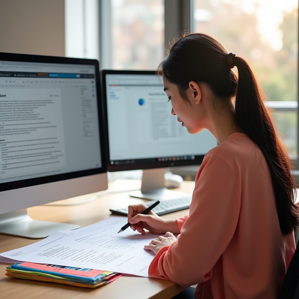 Curriculum designer working on training materials at a desk