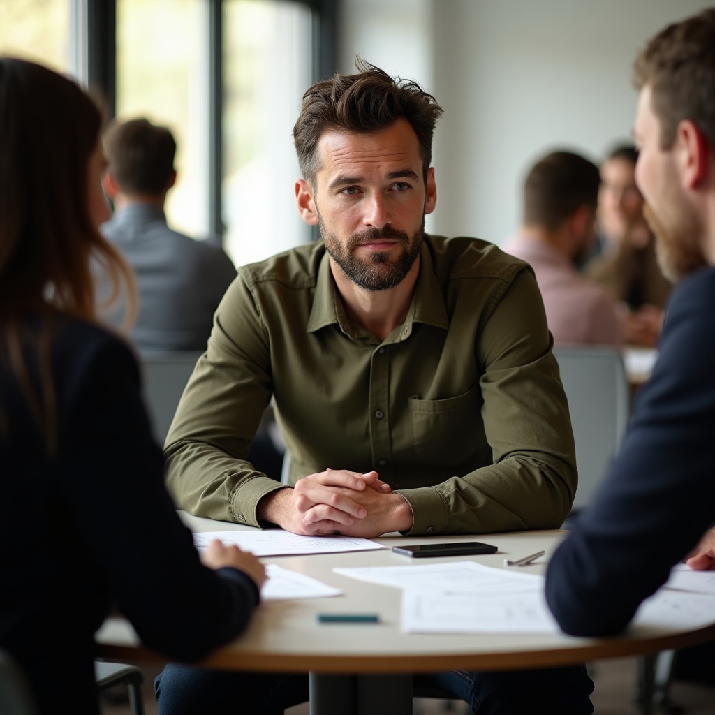 Workshop facilitator guiding a small group through budget exercises