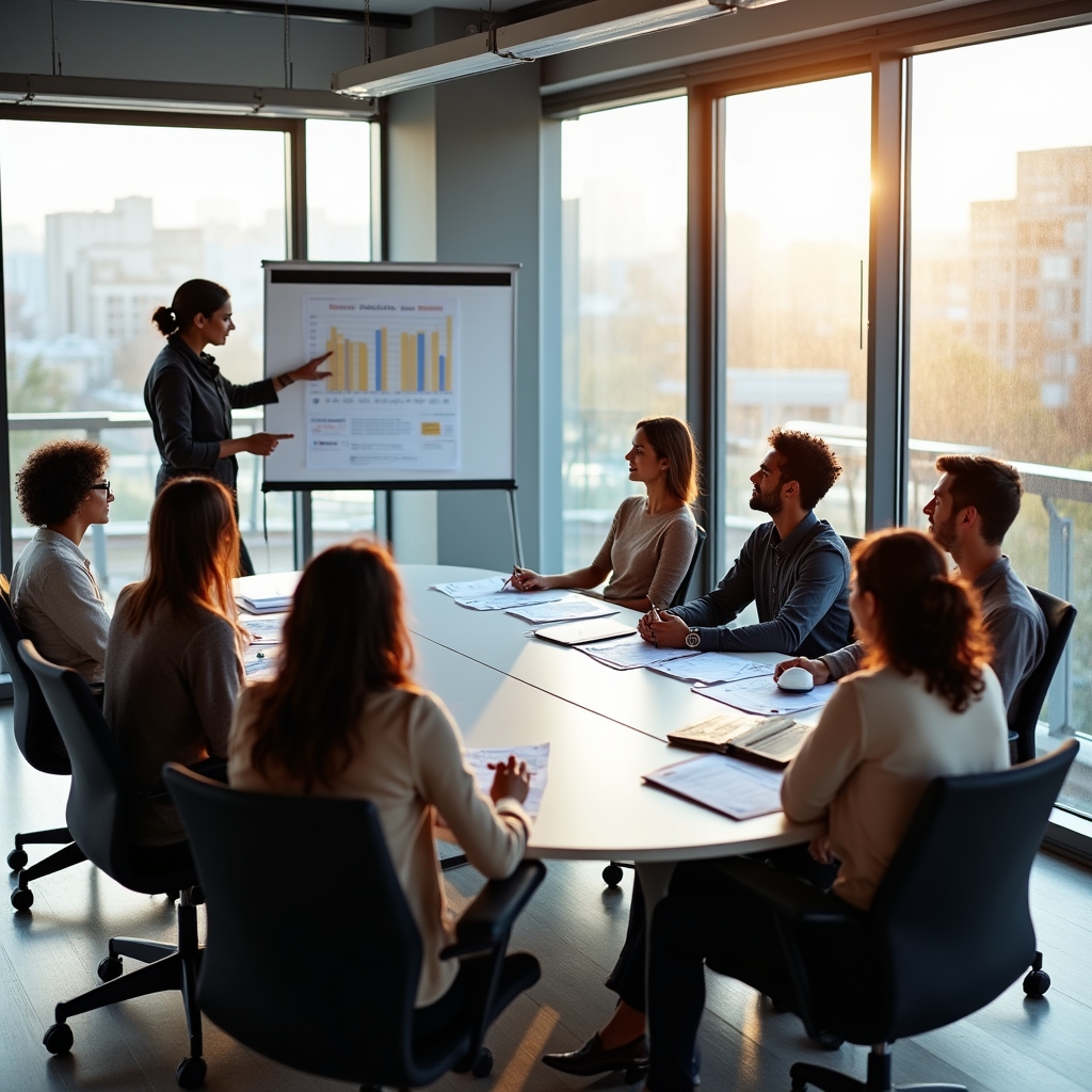 Workshop participants discussing household budget strategies in a modern training room